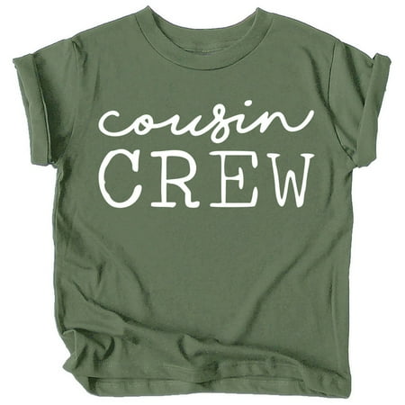 

Cousin Crew Cursive T-Shirts and Bodysuits for Baby and Toddler Fun Family Matching Outfits White on Military Green Short Sleeve Shirt 4T