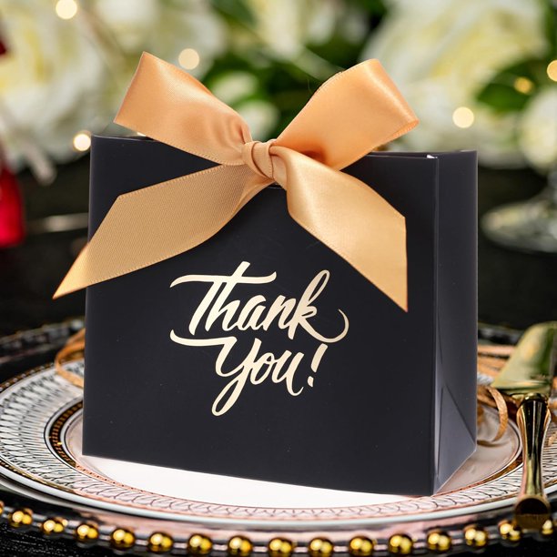 50 piezas cajas de recuerdo para bodas, bolsas de regalo con lazo de cinta dorada para boda, despedida de soltera, cumpleaños (negro)