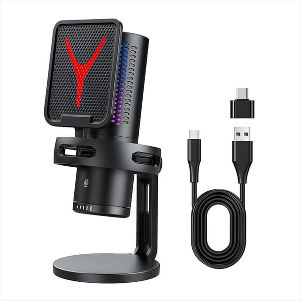 Micrófono para Juegos Micrófono Condensador Profesional RGB Micrófono con Cable USB para PC Computadora Portátil Podcast Gamer Karaoke
