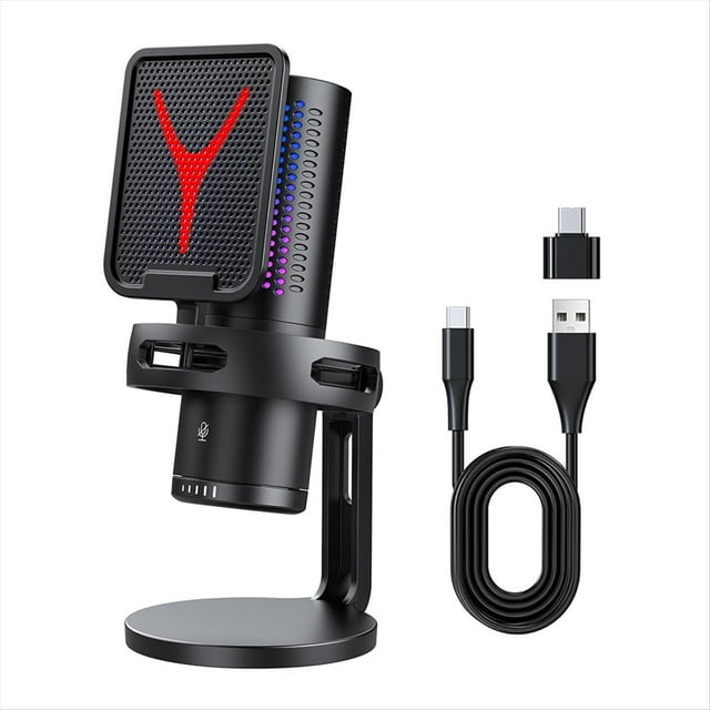Micrófono para Juegos Micrófono Condensador Profesional RGB Micrófono con Cable USB para PC Computadora Portátil Podcast Gamer Karaoke
