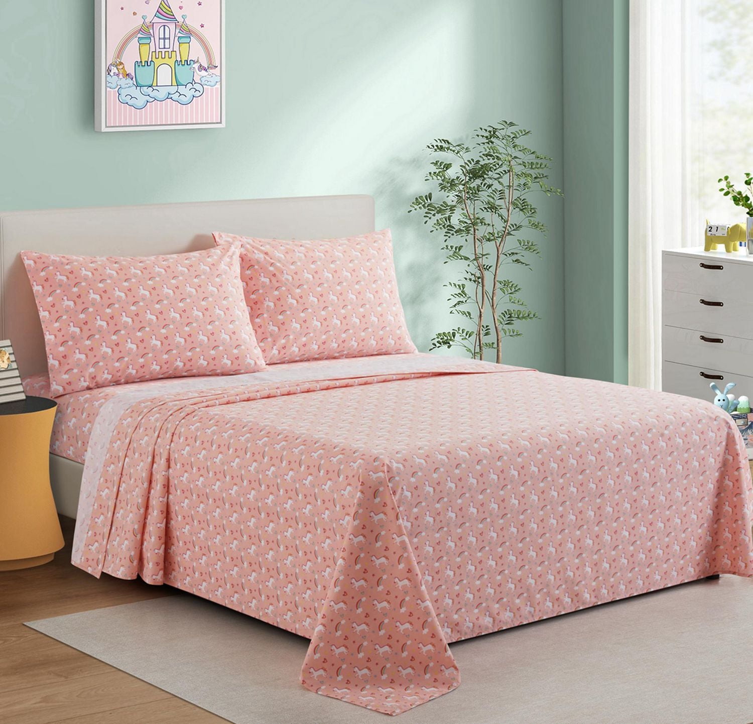 Marina Decoration Kids Girls Toddlers Cute Printed 600 Thread Count Soft Deep Pocket Cotton Blend Percale All Season Bedding Sheet Set, Pink Unicorn Rainbow Pattern
