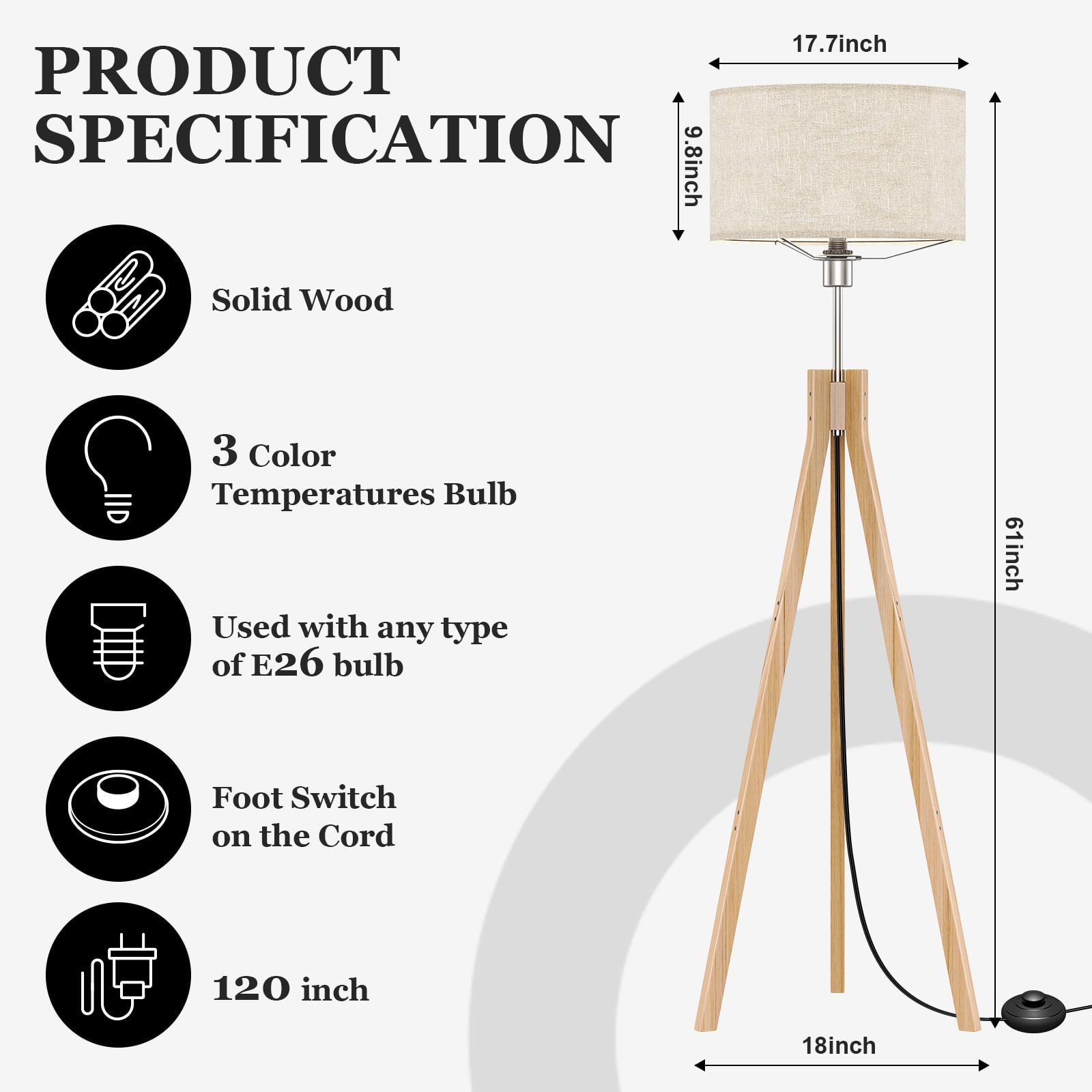 BLITZWILL Natural Wood Tripod Floor Lamp,Includes Light Bulb,E26 Base,LED Modern Dimmable Mid Century Standing Lamp,Flaxen Linen Shade,for Living Room, Bedroom, Office