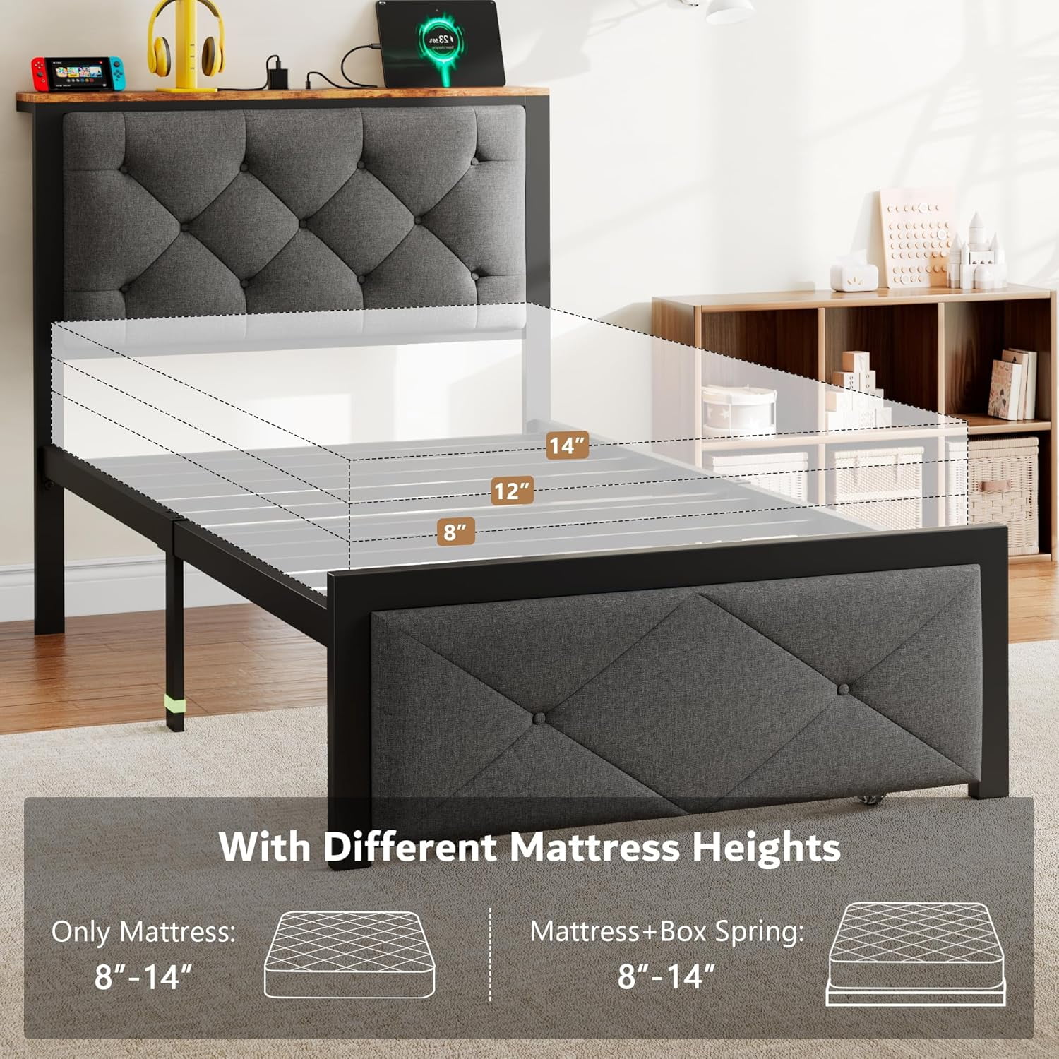 iPormis Twin Bed Frame with Storage Drawers, Linen Upholstered Headboard Platform Bed with Charging Station, No Box Spring Needed, Metal Slats Support, Noise-Free, Easy Assembly, Grey