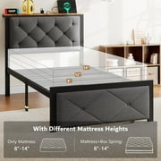 iPormis Twin Bed Frame with Storage Drawers, Linen Upholstered Headboard Platform Bed with Charging Station, No Box Spring Needed, Metal Slats Support, Noise-Free, Easy Assembly, Grey