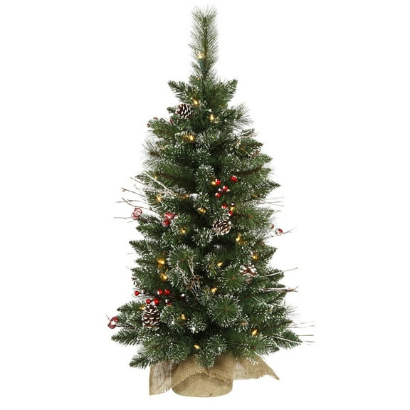 Vickerman 3' Snow Tipped Pine and Berry Artificial Christmas Tree, Clear Dura-lit Lights, Seasonal Indoor Home Decor with Decorative Burlap Base