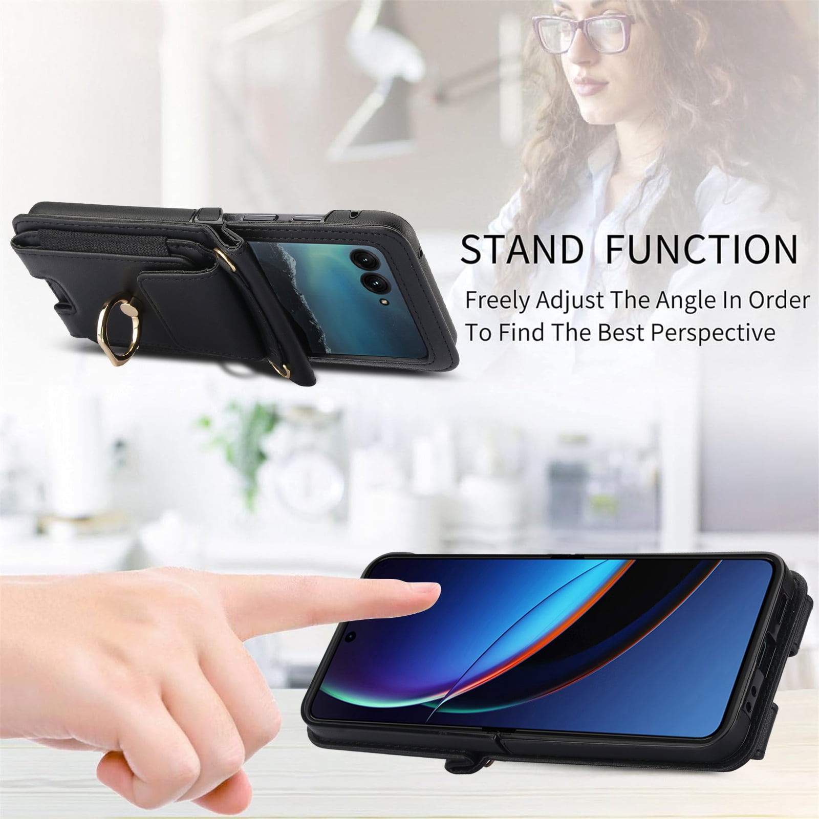 for Motorola Razr 2024 Case, Retro PU Leather Shockproof Protection Phone Case Wallet Built in Credit Card Slots Flip Cover Finger Ring Stand with Long Strap + Short Strap, Black