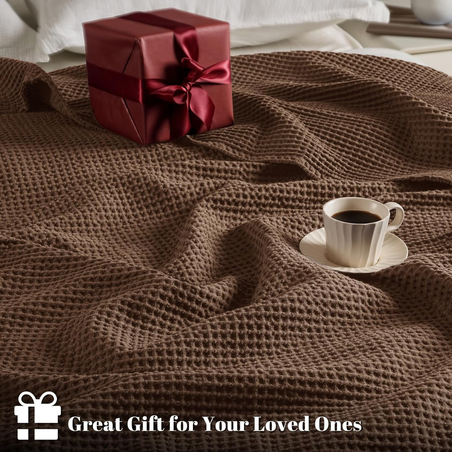 PHF Cotton Waffle Weave Blanket King Size for Bed, Lightweight Breathable Blanket for Couch, Home Decor Gift, Cappuccino, 104"x 90"