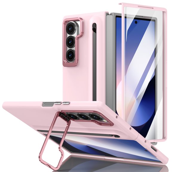 Allytechgroup Galaxy Z Fold 5 Case with Front Screen Protector & Stylus Pen, Full Body Protection Camera Lens Kickstand Anti-Scratch Pencil Holder Phone Case Cover for Samsung Galaxy Z Fold 5, Pink