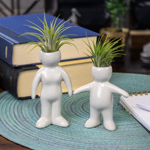White Ceramic Woman and Boy People Shaped Planter with Tillandsia - 4.5" and 3.5" Potted Indoor Plants with People and Pet Shaped Air Plant Holders for Home and Office