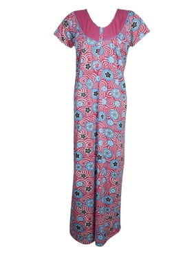Mogul Women Pink,Blue Maxi Kaftan Dress Short Sleeves Floral Print Loose Housedress Nightwear Sleepwear Nightgown Caftan Dresses M