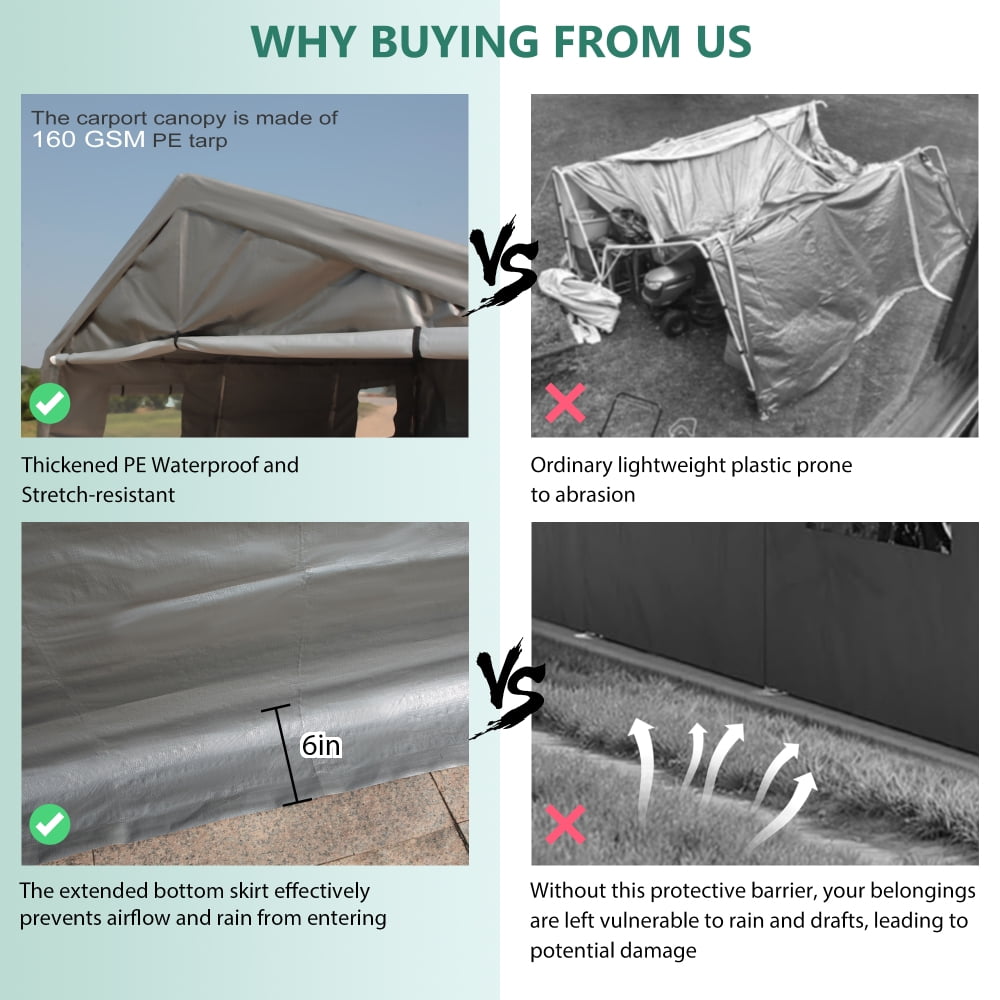 Heavy Duty Carport Canopy with 2 Roll-Up Doors + 1 Side Door, Removable End Walls & Windows, All-Weather Portable Garage Shelter for Car, Truck, Boat, Vehicle