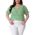 thumbnail image 1 of Blusas de verano casuales de mujer plus size con estampado floral, cuello en V, mangas cortas con volantes, 1X verde y amarillo, 1 of 7