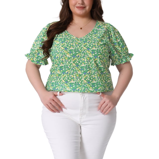 Blusas de verano casuales de mujer plus size con estampado floral, cuello en V, mangas cortas con volantes, 1X verde y amarillo