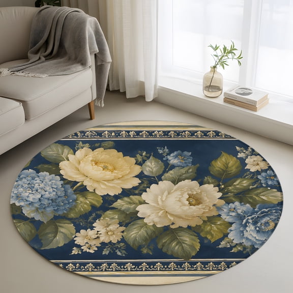 Vintage Blue White Floral Round Area Rug 4ft, Elegant Pastoral Flowers Retro Art Washable Non-Slip Circle Rugs for Bedroom Living Room Kitchen, Soft Non Shedding Circle Carpet for Dining Room Dorm