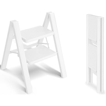 Step Stool, 2 Step Ladder with Anti-Slip and Wide Pedal, Portable Iron Foldable Stepladder for Home and Kitchen, 300lbs - White