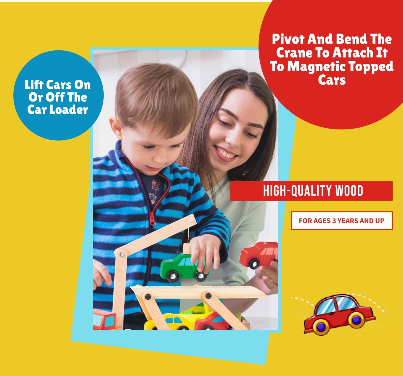 Bundaloo Magnetic Car Loader Truck with Lift - Wooden Carrier Vehicle Toy for Kids 3 and Up - Magnetic Crane and Cars, Removable Trailer - Educational Set for Learning Color, Imagination and Sorting