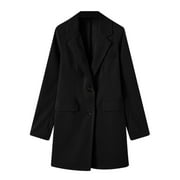 Qiaocaity Fall and Winter Fashion Long Trench Coat, Womens Fall Fashion Business Attire Solid Color Long Sleeve Single Breasted Slimming Suit Coat Cardigan Top, Black, XL