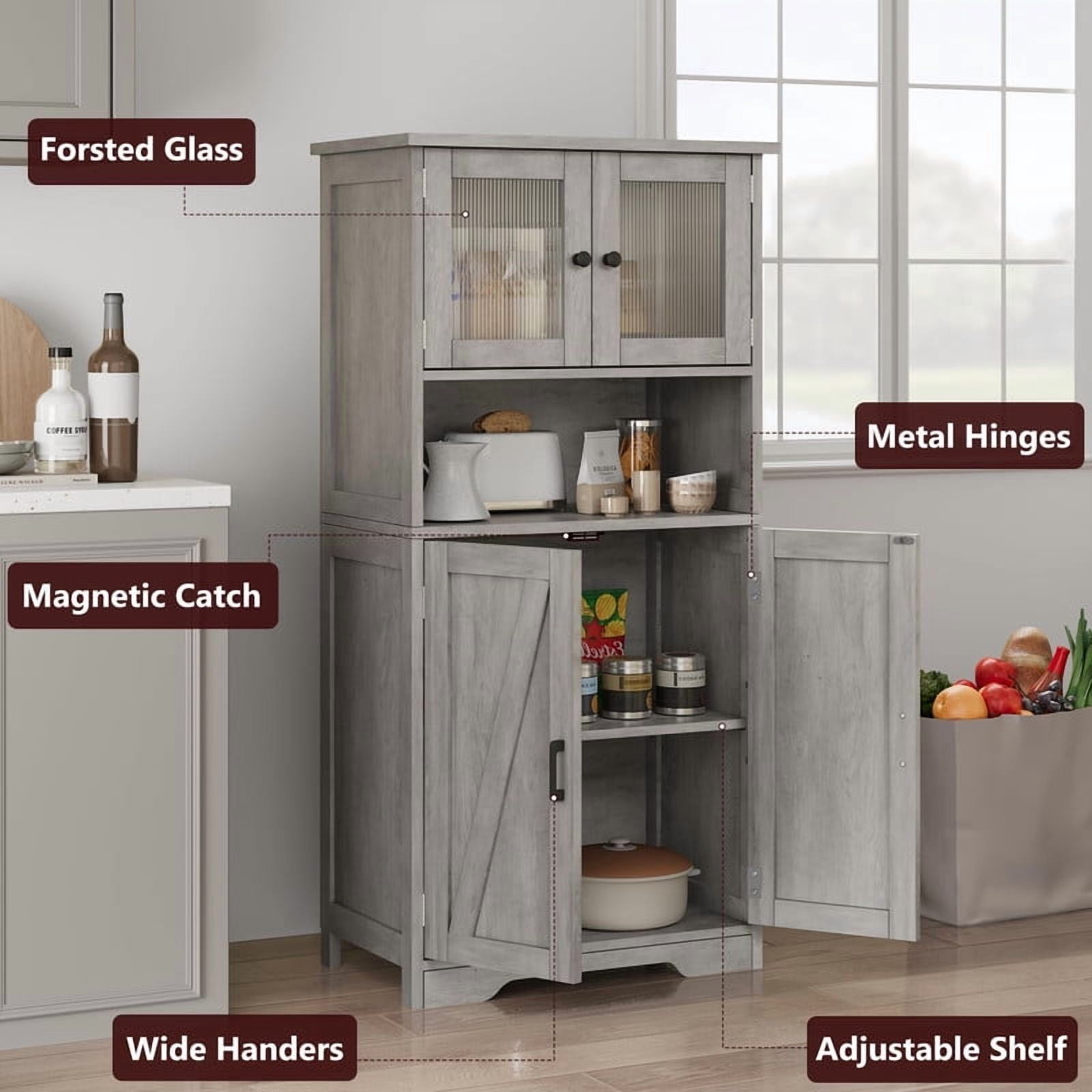 TROPOW Kitchen Pantry Cabinet, 50.4" Freestanding Storage Cabinet with Glass Doors and Adjustable Shelves, Wooden Cupboard, Large Floor Linen Cabinet for Bathroom, Living Room