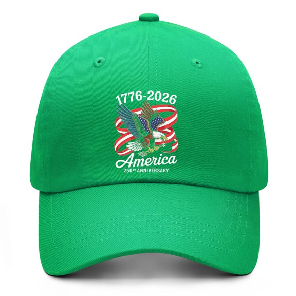 250 Years Anniversary Light-green Baseball Hat Featuring Printed USA Celebration Artwork with Adjustable Strap for Patriotic Gatherings