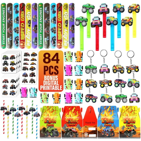 Monster Truck Party Favor 84 PCS Mini Pull Cars Treat Box Slap Bracelets Keychain Bubble Paper Straws Gift Rewards for Kids Birthday Supply