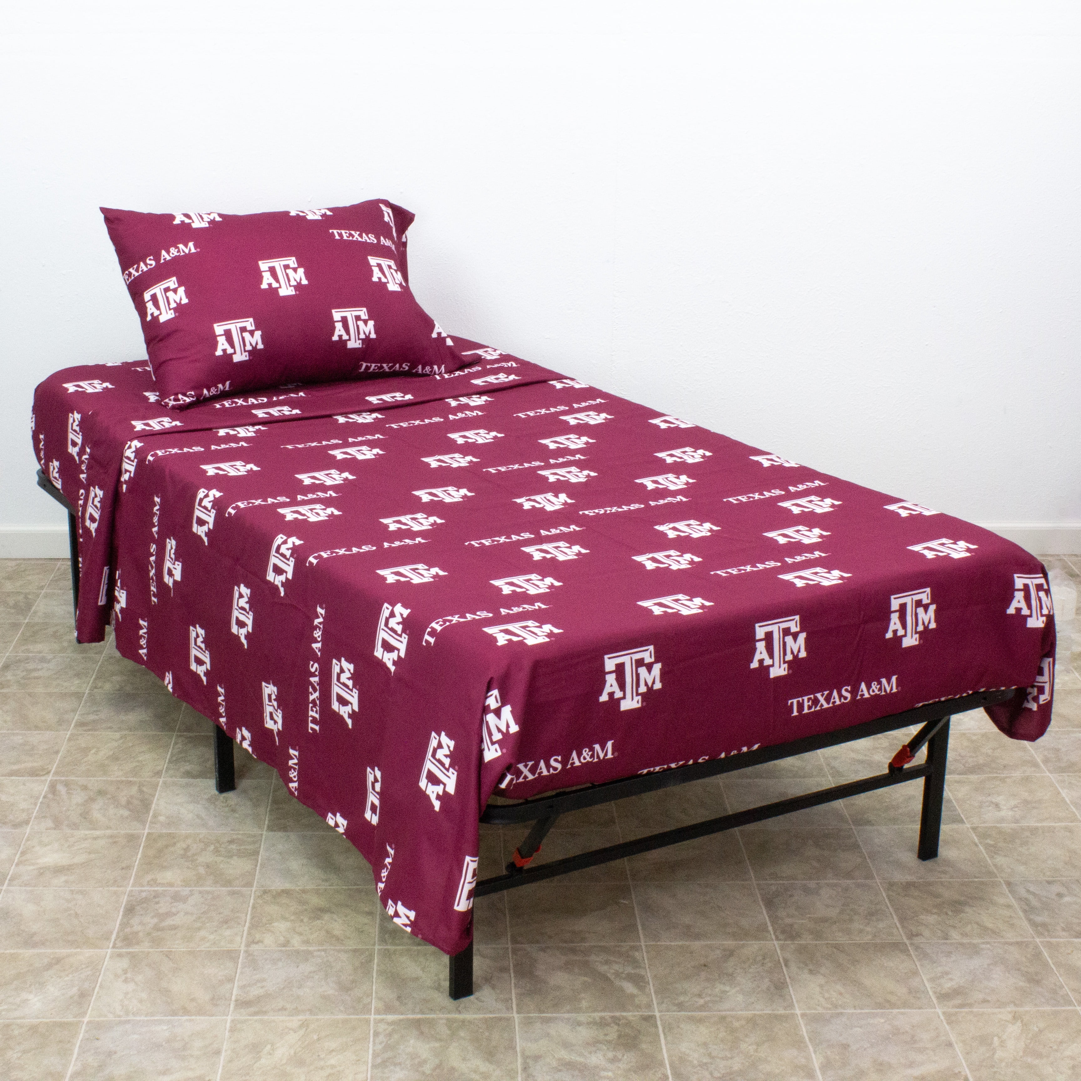 Texas A&M Aggies Twin Sized 3 Piece Sheet Set, Team Color Background, 1 Flat Sheet, 1 Fitted Sheet, 1 Pillowcase