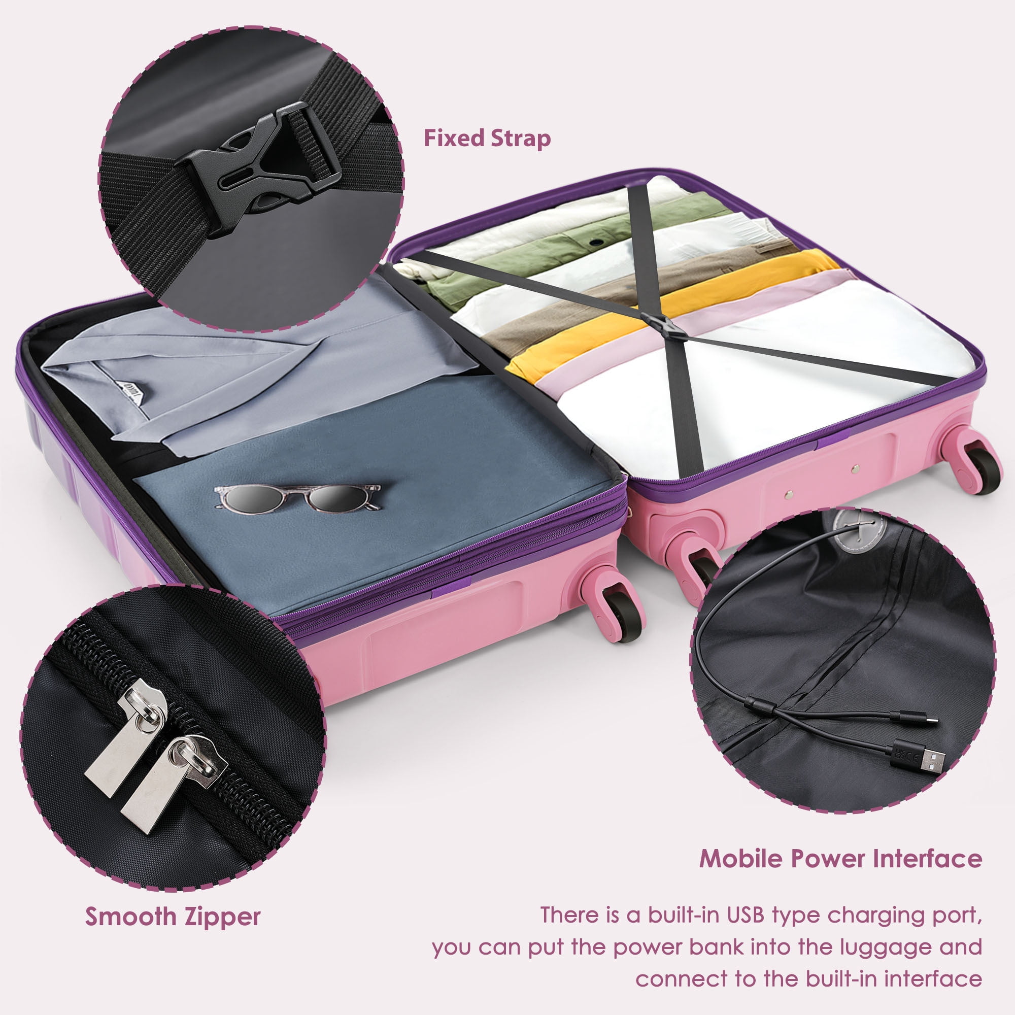 Euroco 5 Piece Luggage Sets, 20" Carry-on Suitcase with USB Port ,Cup Holder and 2 Travel Bags,Hardside Lightweight Durable Suitcase Set with TSA Lock and Spinner Wheels(20"/24"/28"),Purple
