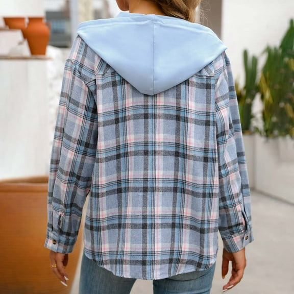 Fall Clothes for Women 2024 Fashion Plaid Hooded Shacket Casual Fall Shirt Jacket Blouses Blue XL