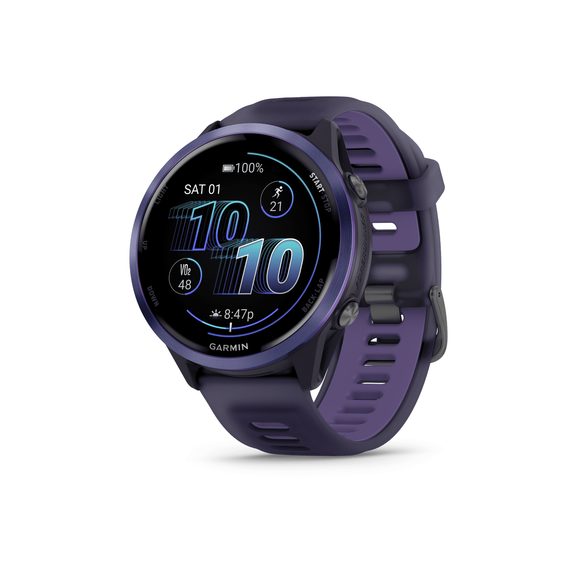 Garmin Forerunner 570, 47mm, Advanced GPS Running and Triathlon Smartwatch, AMOLED Display, Training and Recovery Features, Indigo Aluminum with Translucent Imperial Purple/Indigo Band