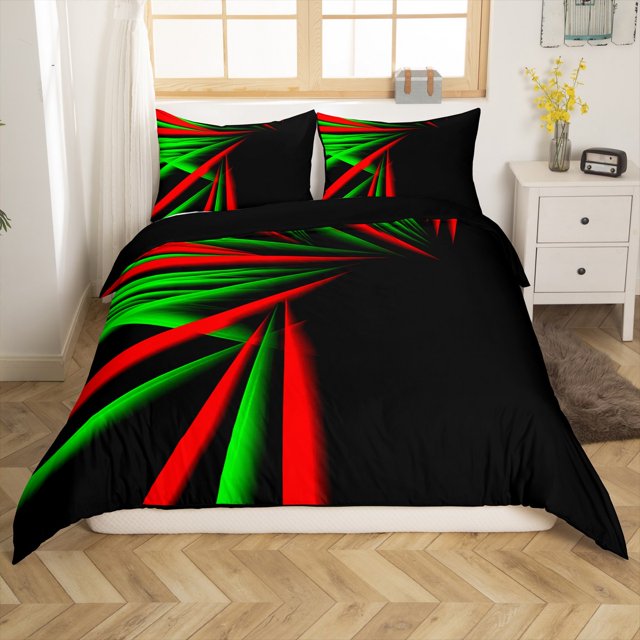 Erosebridal Gradient Comforter Cover Queen, Green Red Abstract Ombre Bedding Queen Size, Geometric Striped Decor, Reversible(No Comforter)