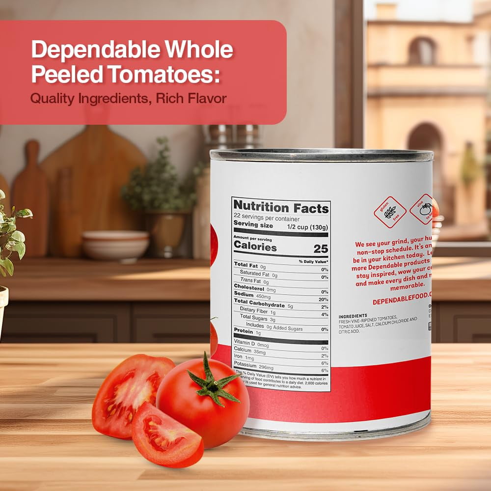 Dependable Food Peeled Tomatoes, Kosher, Gluten Free, & Vegan Canned Peeled Tomatoes, 6.375 lbs Bulk Can