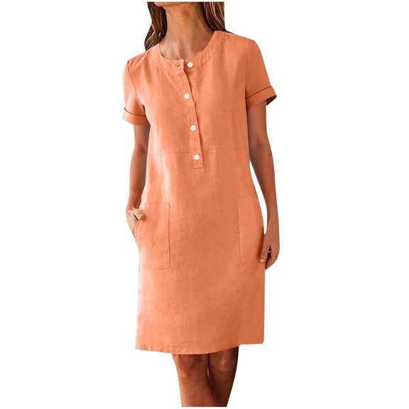 Kukoosong Dresses for Women Casual Summer Crew Neck Wedding Guest Short Sleeve Bodycon Slim Fit Mid-Length Dress with Pockets and Button Front for Beach Vacation Dresses