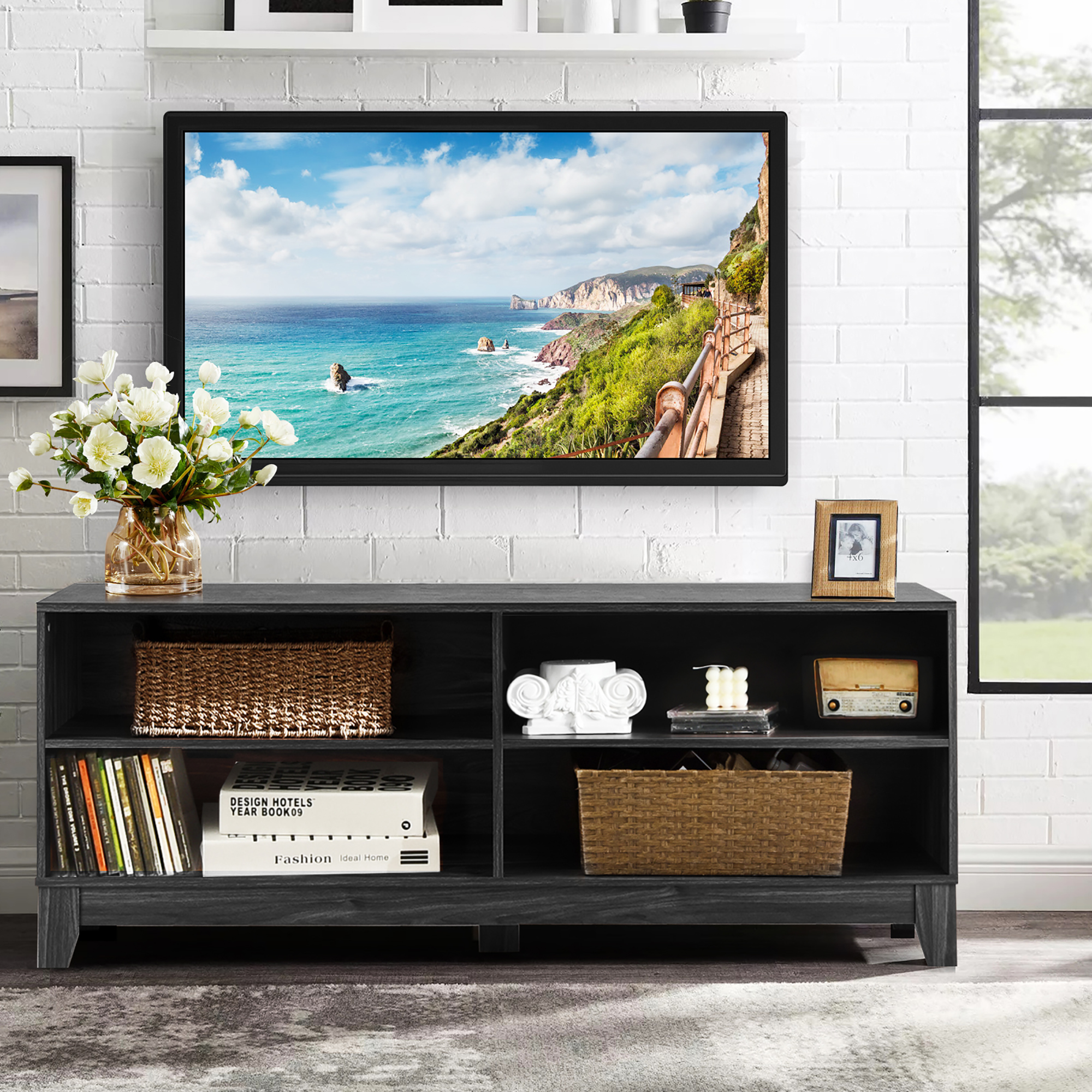 Costway 58'' Modern Wood TV Stand Console Storage Entertainment Media Center Black - image 4 of 10