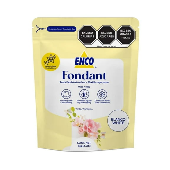 Enco White Fondant, Ready to Use, Vanilla Flavor, 2.2 lb (1 kg) – Flexible Paste with Smooth Finish, No Common Allergens