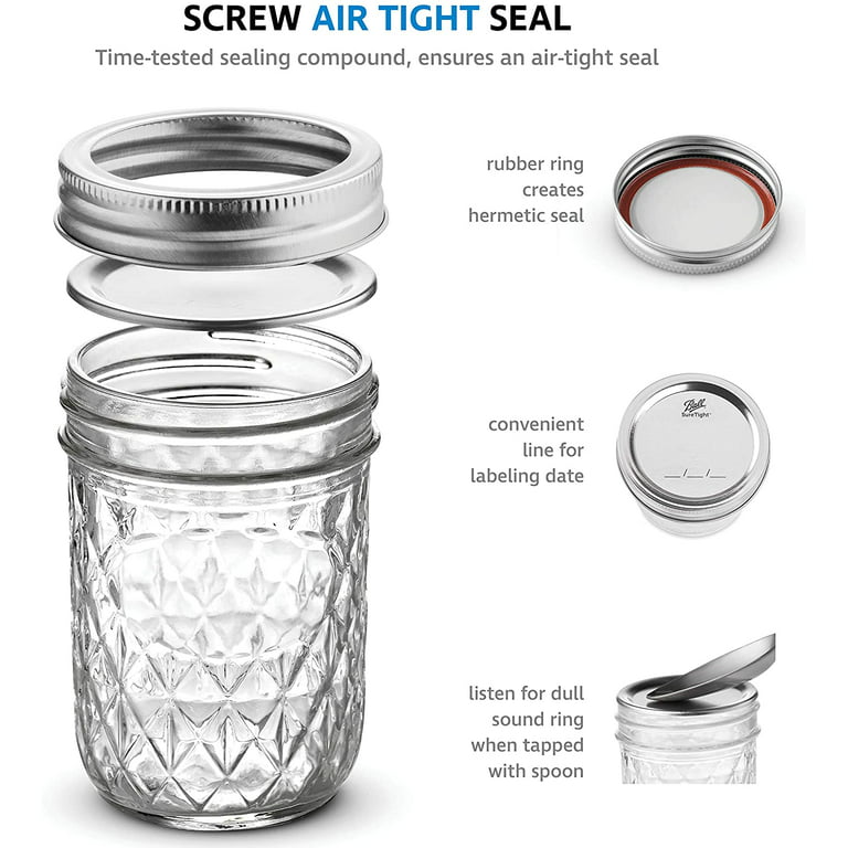 NMS 8 Ounce Glass Smooth Square Regular Mouth Mason Canning Jars - With  Black Metal Safety Button Lids - Case of 12