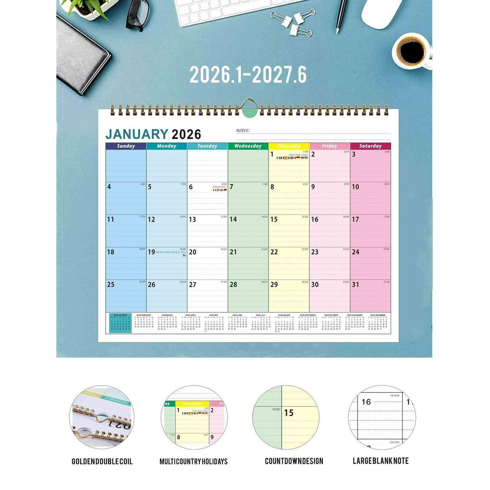 Cadorn 1PCS 18-Month Wall Calendar 2026.1-2027.6, Spiral Bound Monthly Planner with Tear-Off Pages, Durable Hanging Home Office Organizer for Scheduling and Decoration