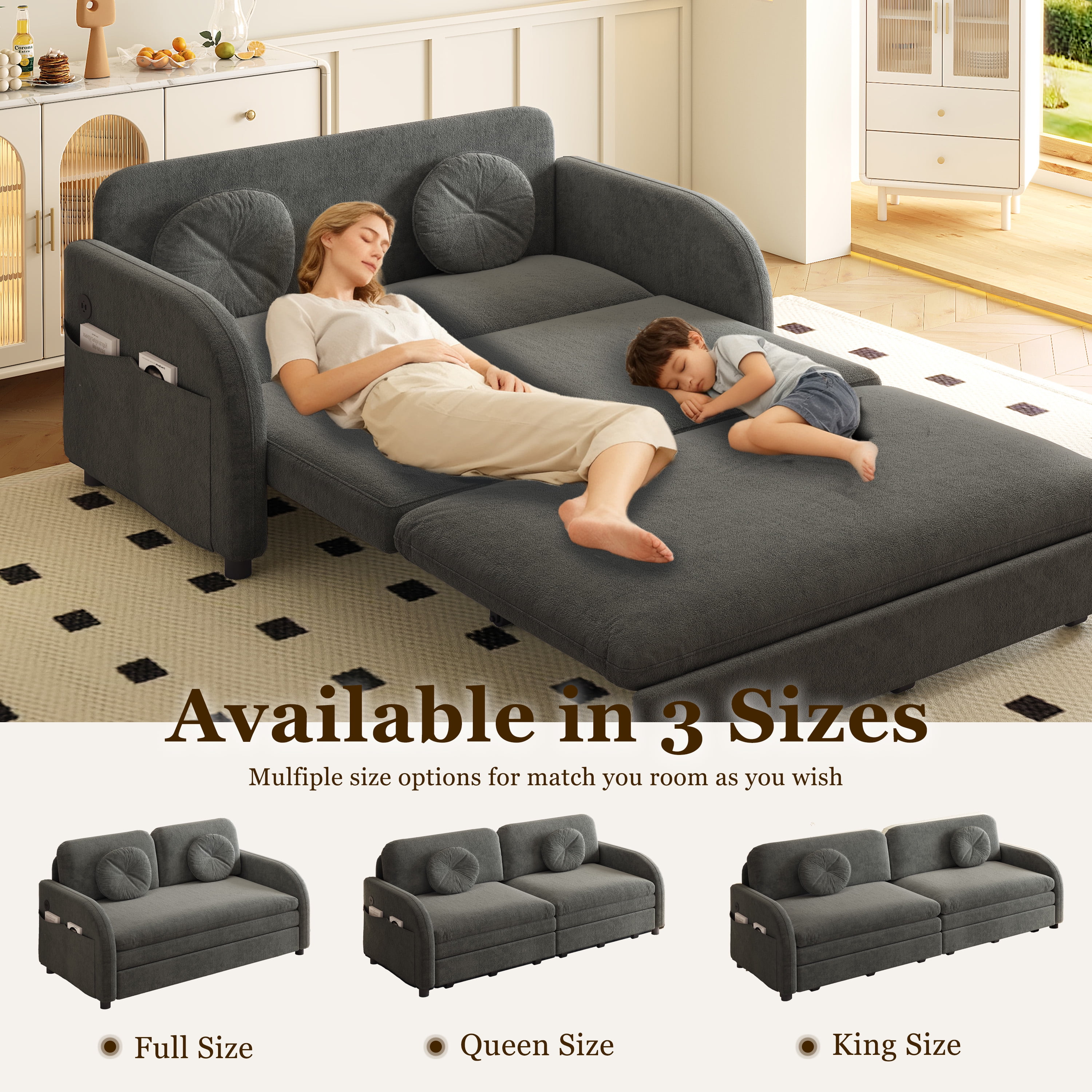 LLappuil Pull Out Sofa Bed Full Size, Loveseat Sofa Covertible Sofa Bed, Chenille Sofa Couch with USB Port, Side Pocket for Living Room Gray