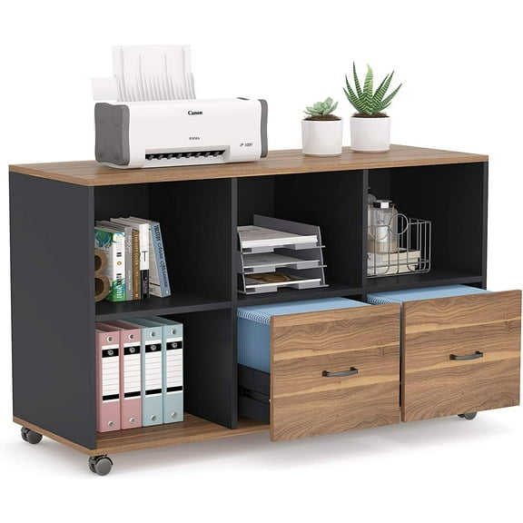 Tribesigns 2 Drawers Lateral File Cabinets Letter Size, 43 inches Mobile Filing Cabinet Printer Stand Office Cabinet with Wheels and Open Storage Shelves for Home Office,Wood, Rustic &Black Finish