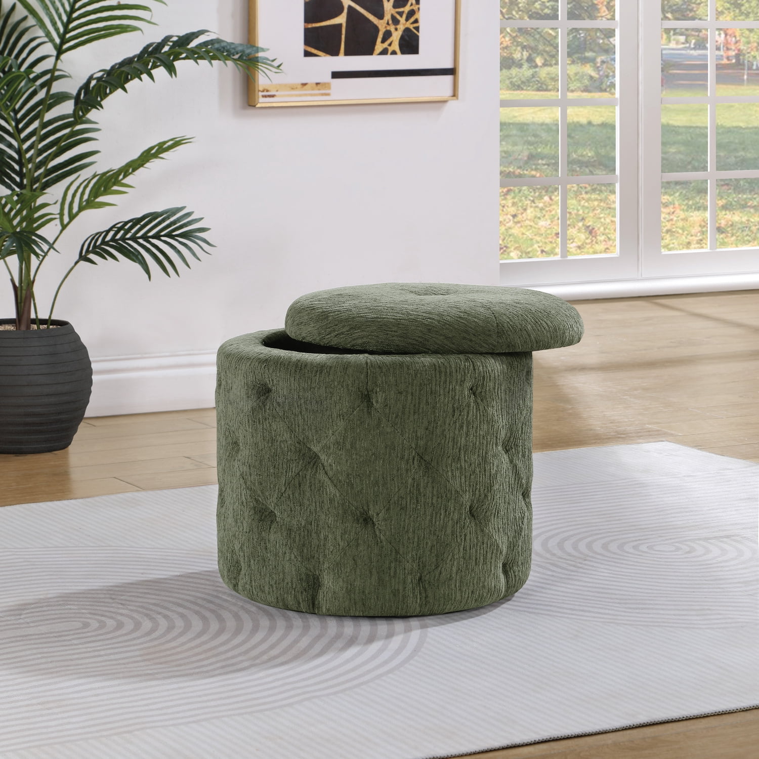 Erindale Round Storage Ottoman in Pine Green Fabric