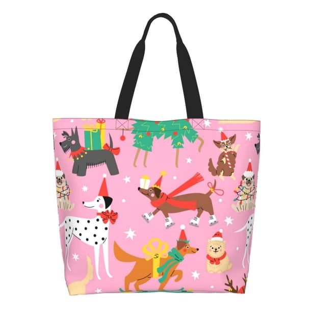 Fotbe Different Dogs Christmas Bolsa Tote Estética de Lona con Estampado para Mujer - Bolsa Reutilizable de Hombro Casual para Vacaciones, Compras, Trabajo y Gimnasio