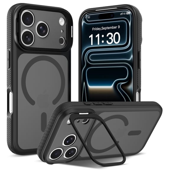 ELEHOLD For iPhone 17 Pro Wireless Charging Magnetic Case Shockproof Matte Anti-slip TPU Bumper Kickstand Cover,Black