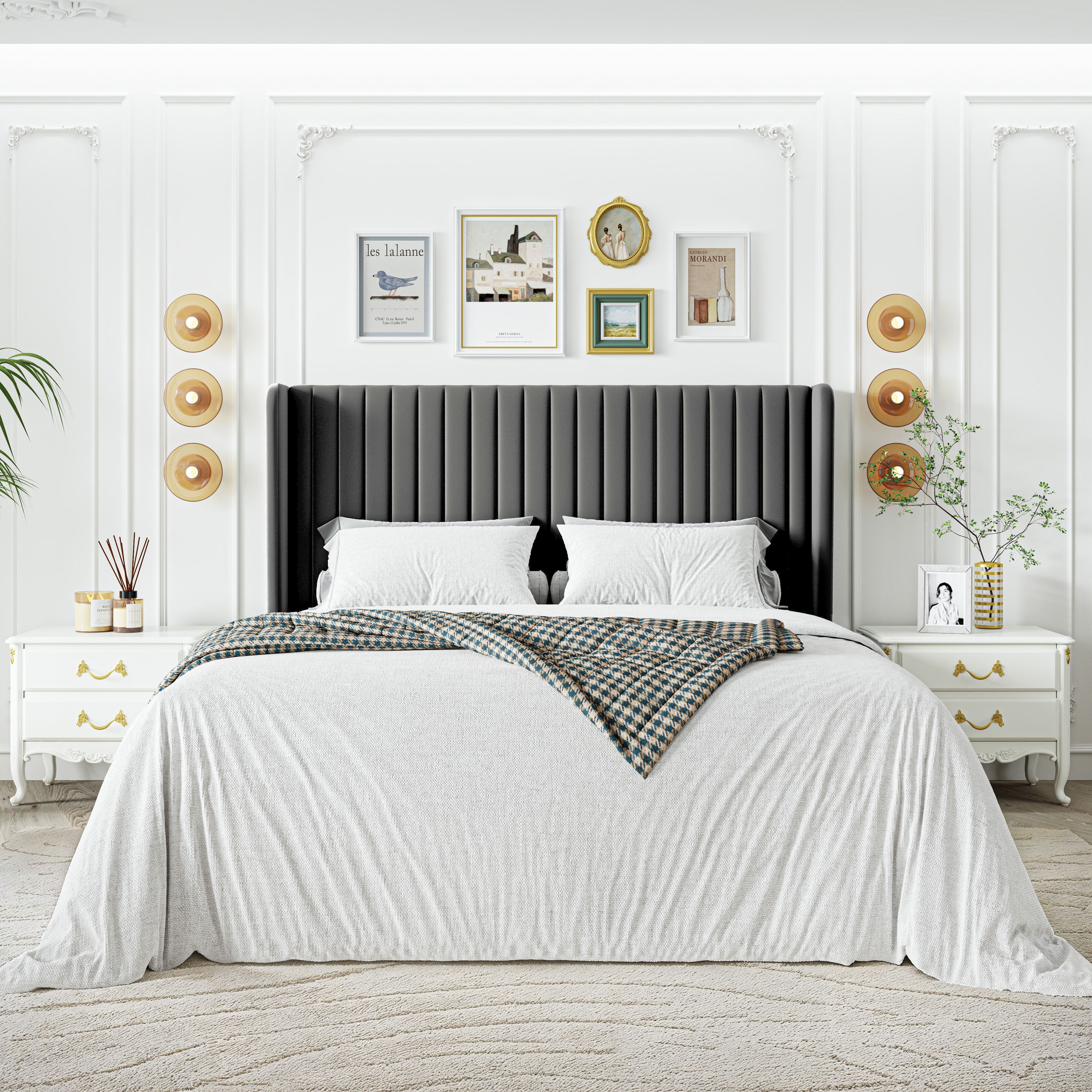 Sha Cerlin Queen Size Upholstered Platform Bed Frame with Velvet Channel Wingback Headboard, Light Grey