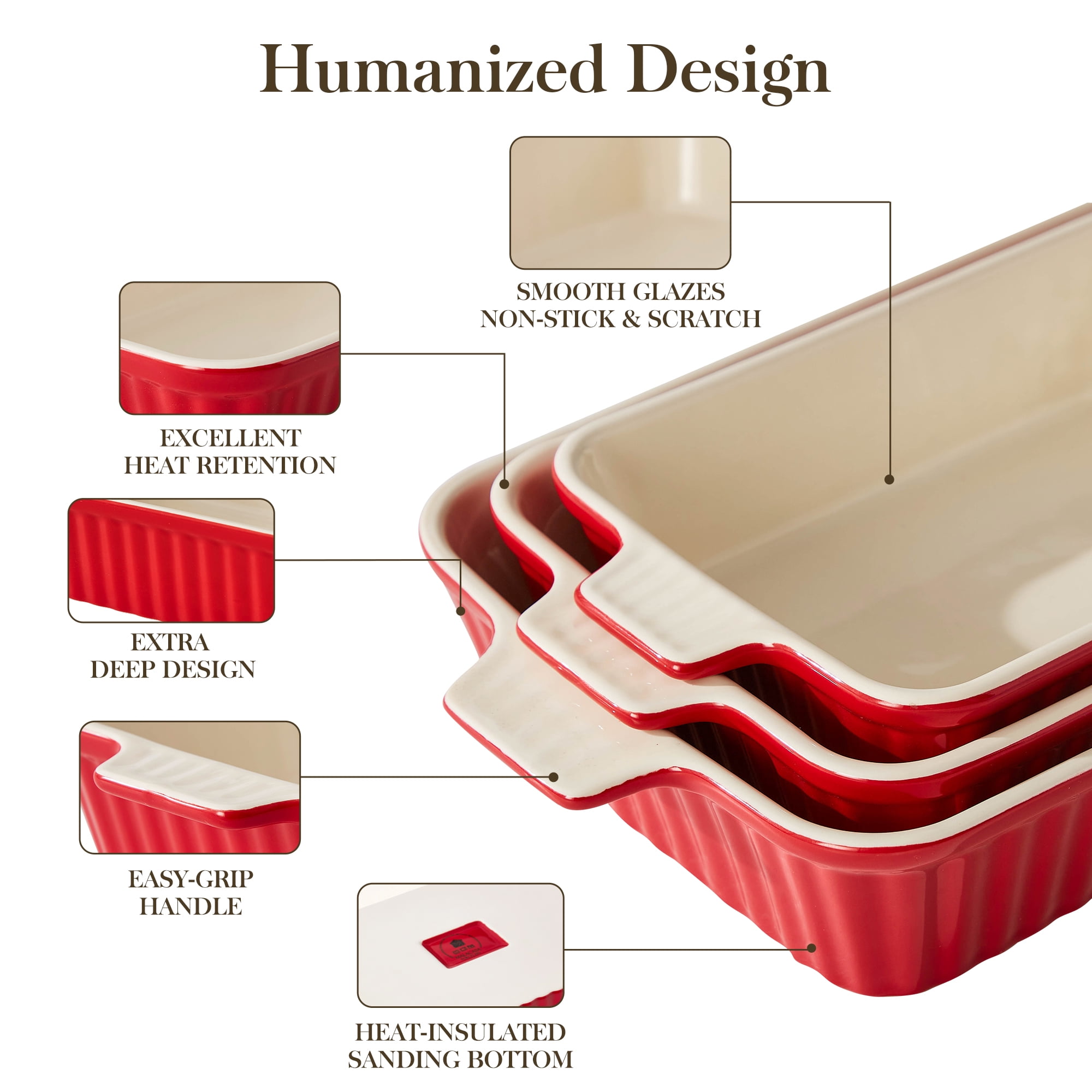 Vancasso Ceramic Baking Dish Set, Thick Casserole Dish for Oven with Handles, Deep Bakeware Sets of 3 for Baking, Lasagna Pan, Red