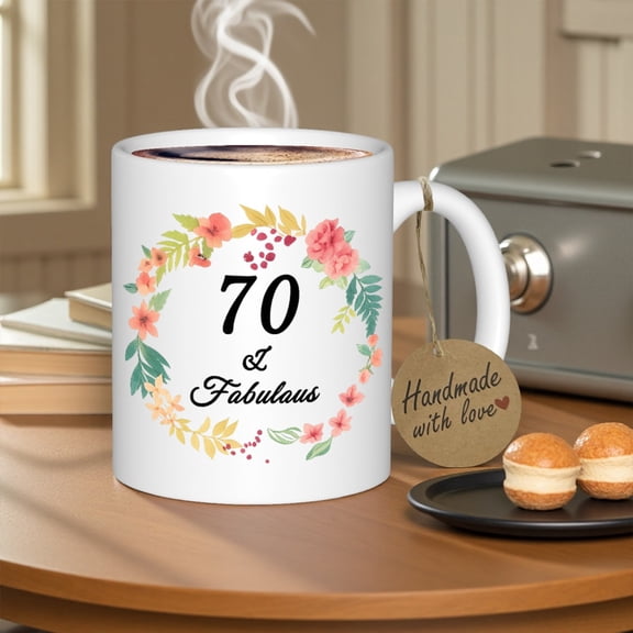 70th Birthday & Christmas Ceramic Mug - 11oz 70 Year Gift with Age Number, Pink/Green Floral Wreath & Female/Male Icons - Dishwasher-Safe Coffee Cup for Women, Men, Him, Her (70th Birthday Party Supp