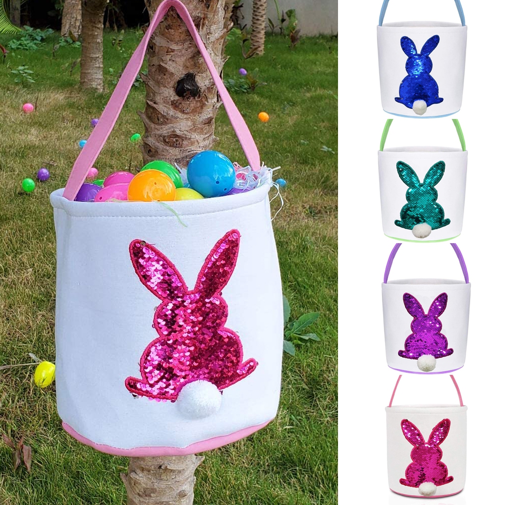 Visland Easter Bunny Basket Bags for Kids, Canvas Easter Eggs Hunt Basket with Handle, Easter