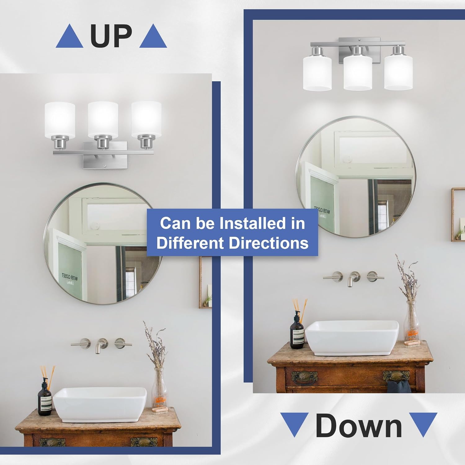 Sailstar Bathroom Light Fixtures, Modern 3 Lights Bathroom Lights over Mirror, E26 Standard Base, Glass Shade & Anti-rust Nickel Finished (Bulbs Not Included)
