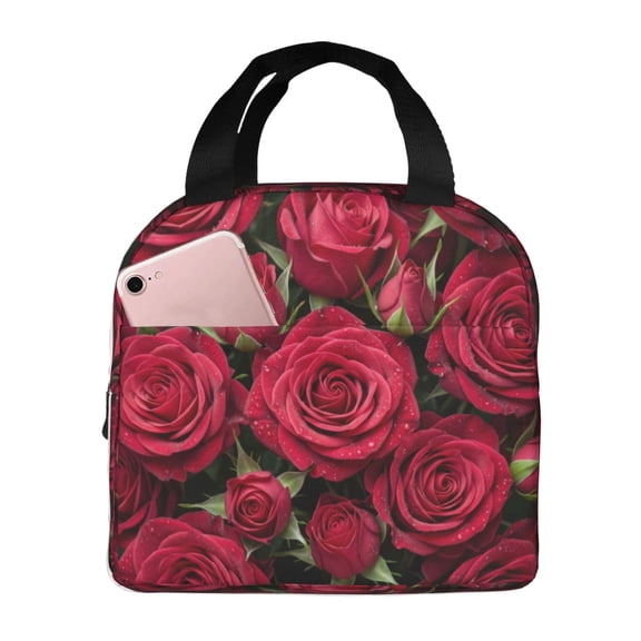Rose Flower Lunch Box Reusable Insulated Cooler Handbag With Front Pocket Thermal Meal Prep Tote For Women Men Work Office Daily