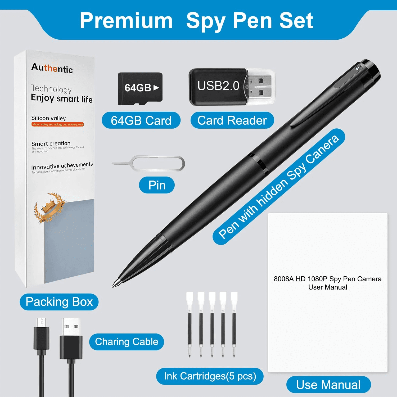 Camera Pen,1080p Video Body Camera with 64G Built-in Memory,MINI Nanny Video Recorder for Meeting,Classroom Reading