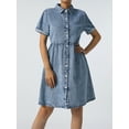 thumbnail image 4 of KOMOO Women Summer Denim Dress High Waist Short Sleeve Button Down Denim Shirt Dresses Casual One-Piece Jean Babydoll Dress, 4 of 8
