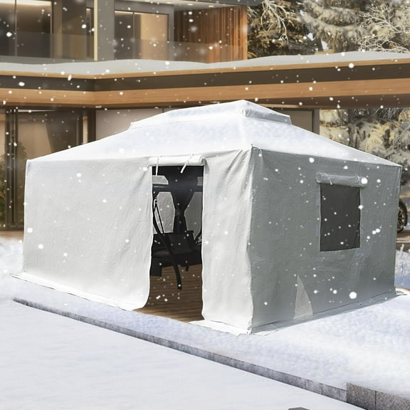 Domi 12' x 16' Universal Winter Gazebo Cover - All Season Waterproof Enclosed With Sidewalls & Ventilated Mesh Windows, All-Weather Outdoor for Hardtop Gazebos, White