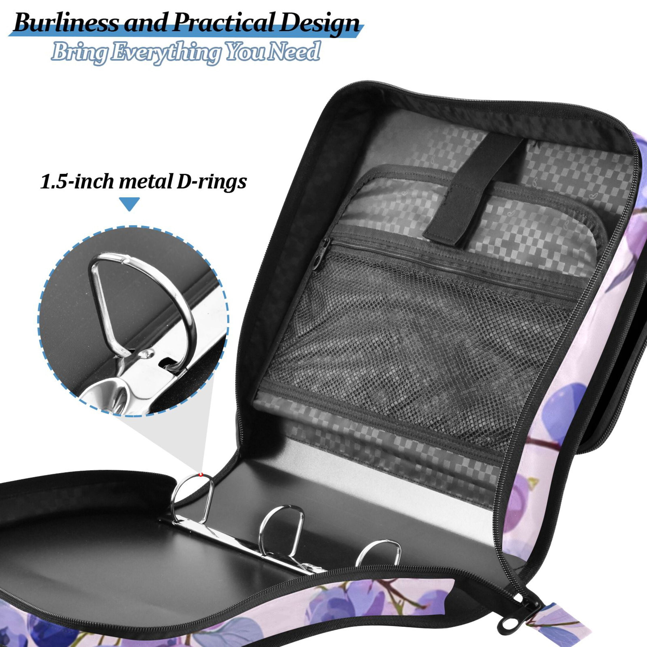 Zipper Binder Purple Blueberry 1.5 Inch Binder Folder Bag with Shoulder Strap and Handle